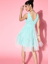 SASSAFRAS - Sea Green V - Neck Tulle Belted Net Dress